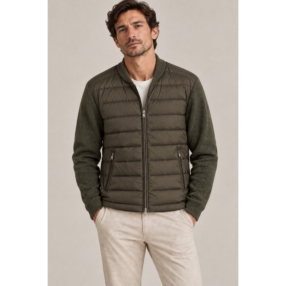 Magaschoni Man Olive Green Wool Blend Down Puffer Bomber Jacket, Small